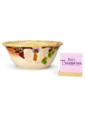 Home Trends HIBISCUS Bamboo Edge Ferns Floral Red Border 10" Mixing Serving Bowl